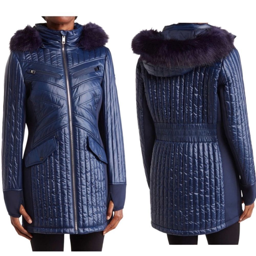 Michael Kors Faux Fur Trim Hooded Puffy Jacket In Blue